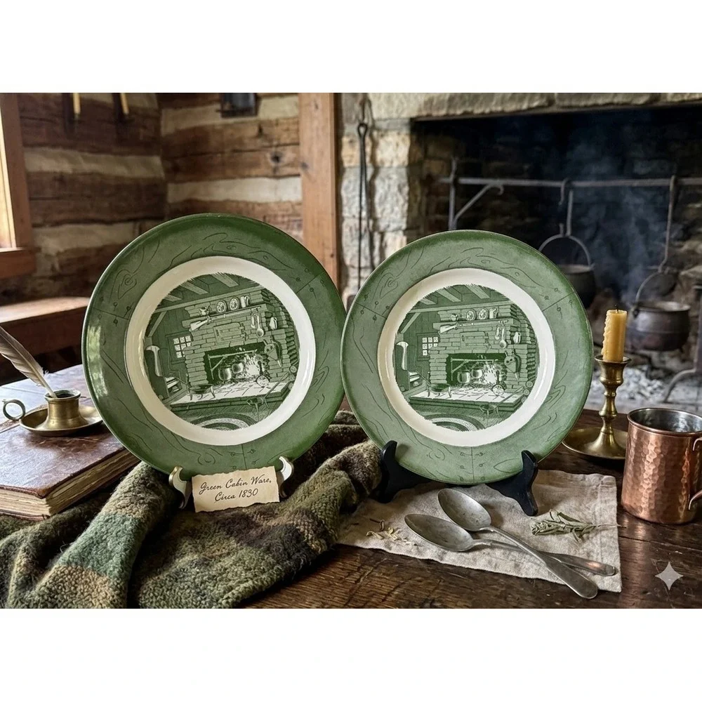 Royal China‎ Colonial Homestead Green Transferware Dinner Plates Set of 2 USA